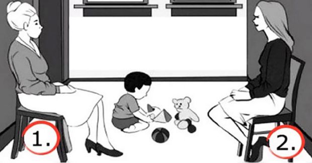 На малюнку дві жінки сидять у кімнаті одна навпроти одної. Поруч із ними на підлозі грає маленький хлопчик.
